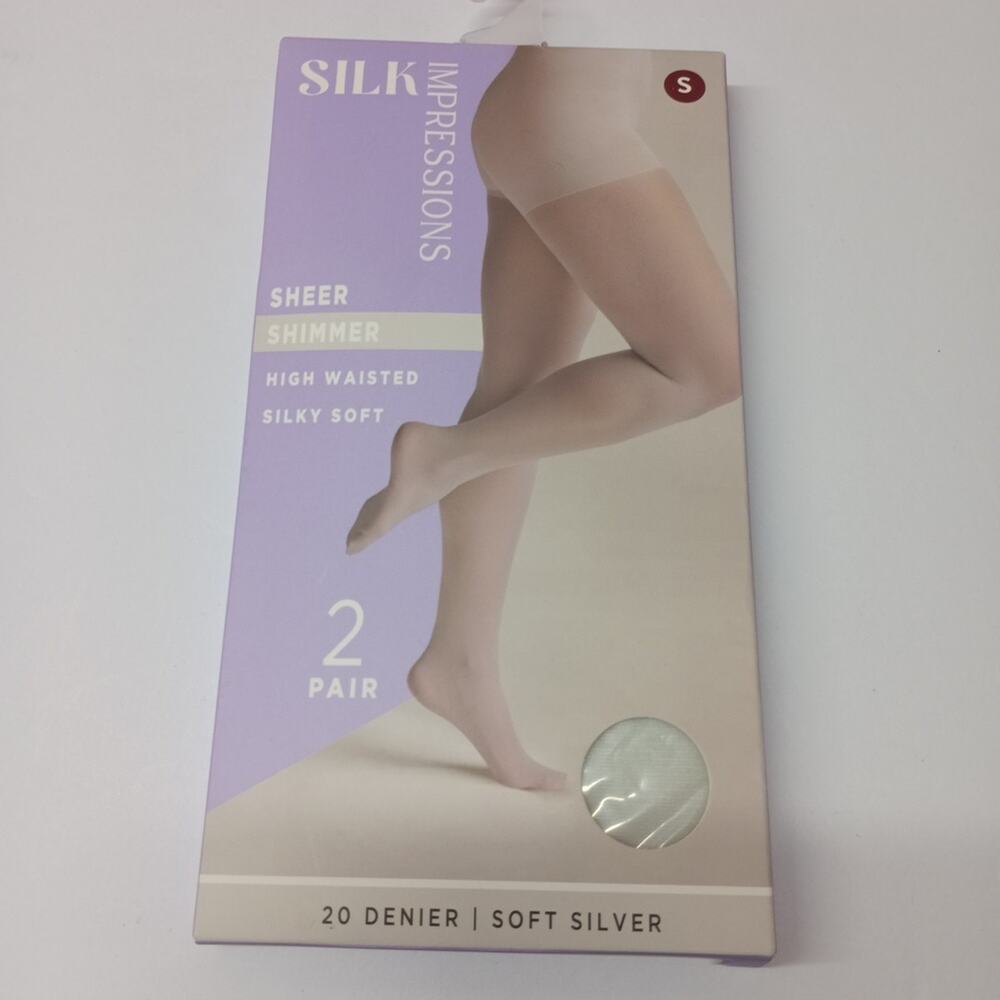 Silk Impressions Pantyhose 2 Pack S Shimmer Silver‎ 20 Denier High Waisted Sheer
